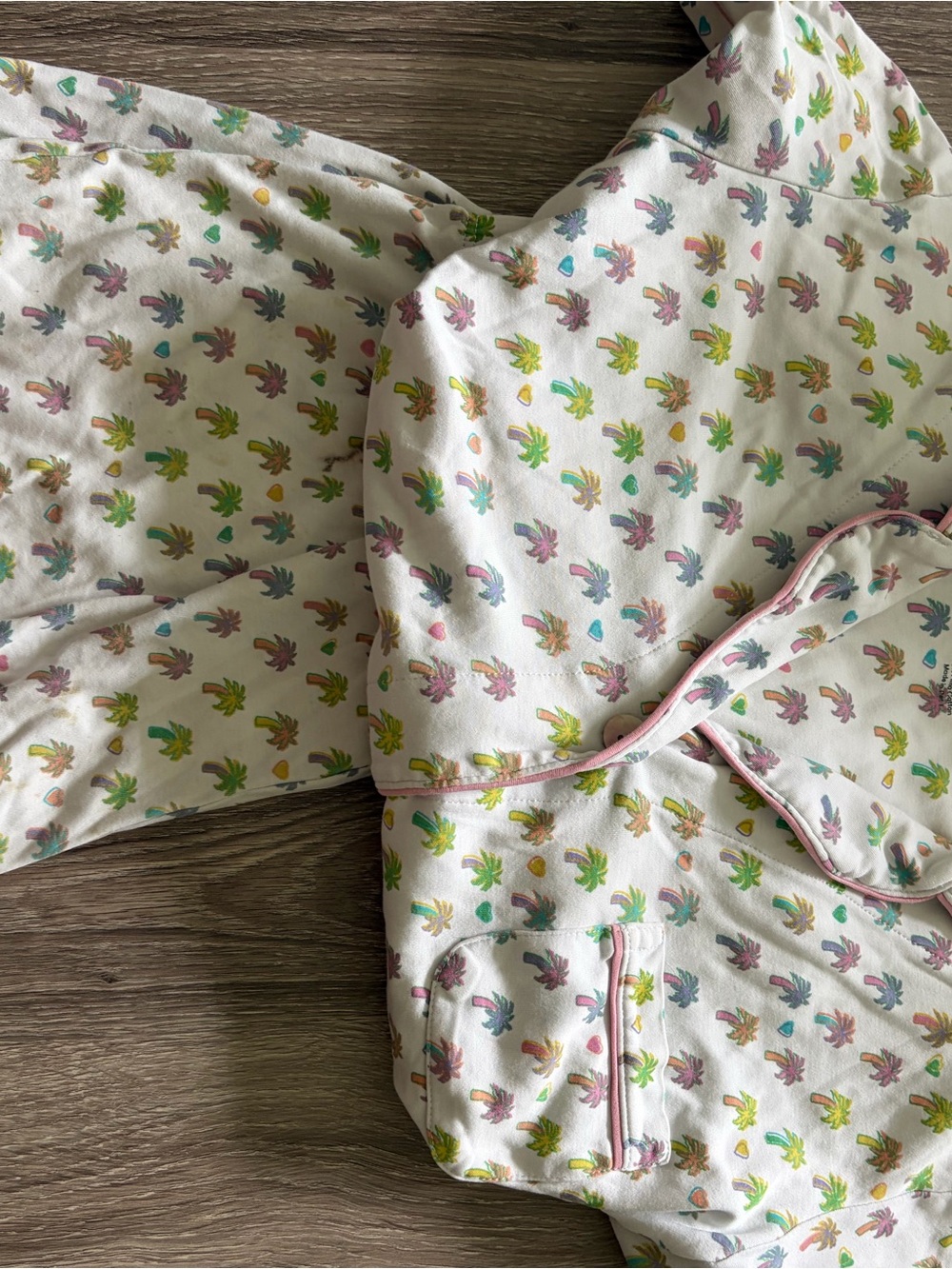 Roller Rabbit White Floral Leaf Print Pajama Set with Pink Trim